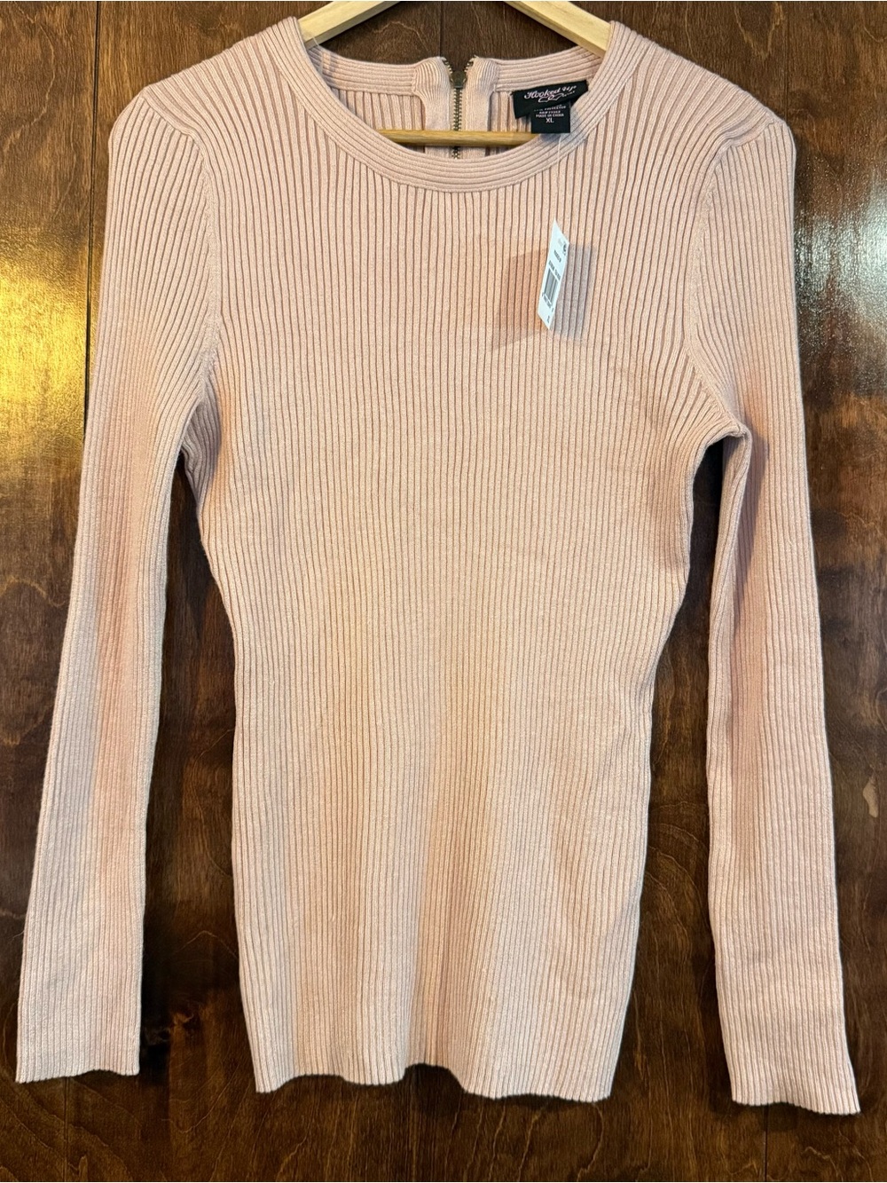 Hooked Up Ribbed Sweater Women XL Blush Pink Fitted Back Zip Stretch Knit NWT